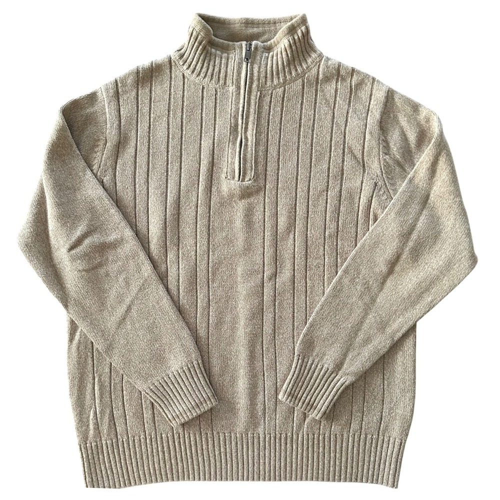 Dockers Men's Quarter Zip Sweater Tan Beige Ribbed Knit Cotton Size M